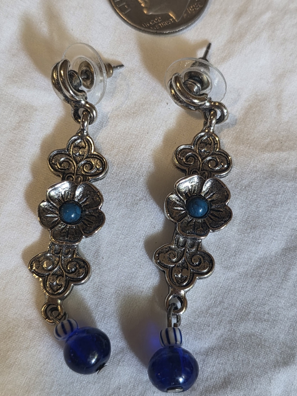 Lucky Brand Silver-Tone Floral Dangle Earrings with Blue Accents